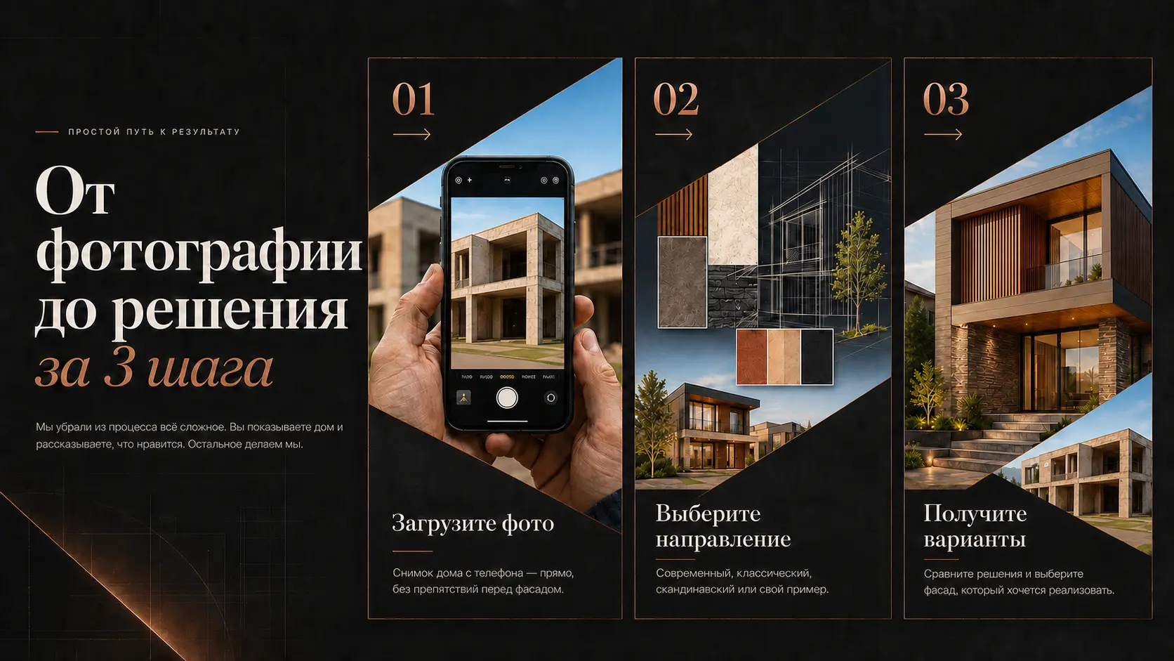 Три шага: загрузите фото, выберите направление и получите варианты фасада
